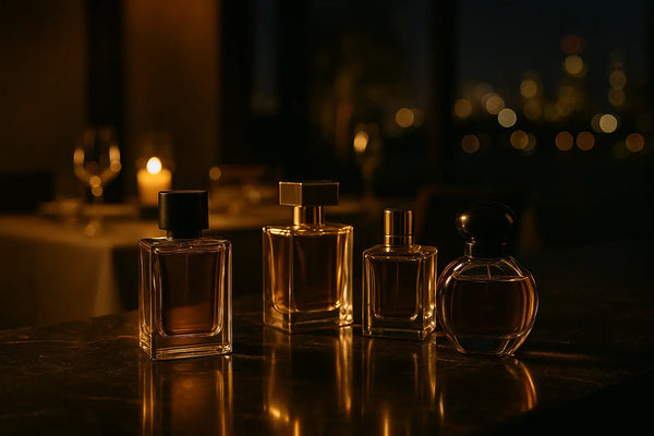 Frascos de perfume para noite sobre bancada escura com luz quente e fundo desfocado de cidade noturna