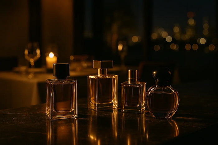Frascos de perfume para noite sobre bancada escura com luz quente e fundo desfocado de cidade noturna