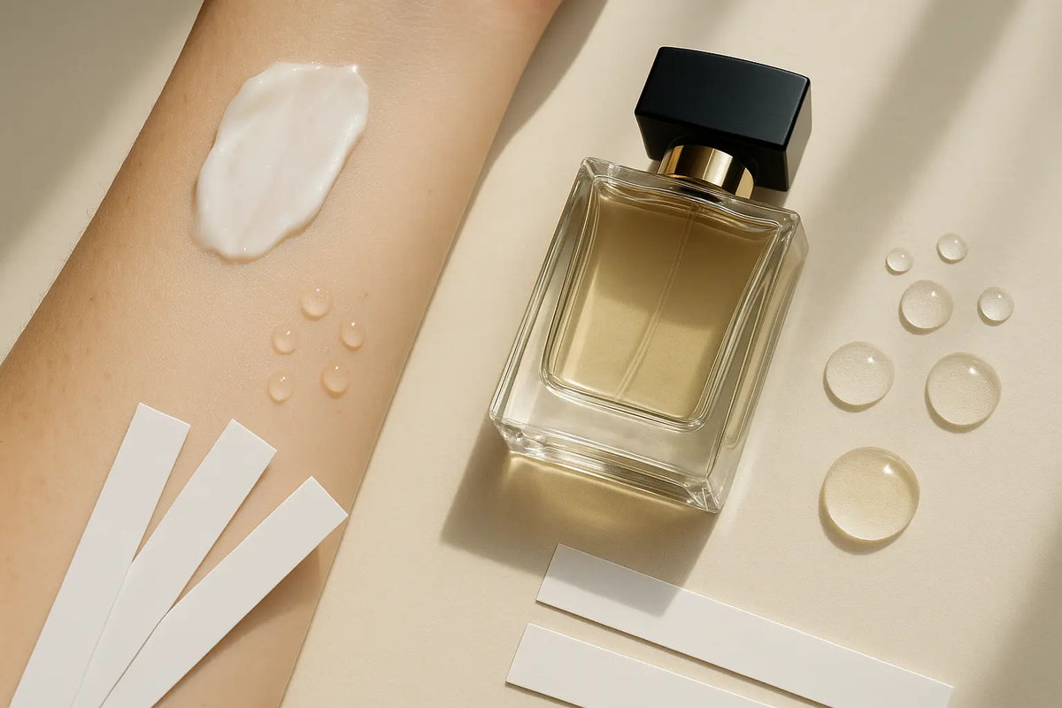 Frasco de perfume com hidratante, gotas de água e cartões olfativos em bancada clara