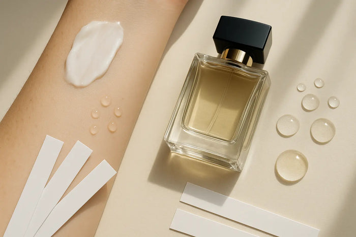 Frasco de perfume com hidratante, gotas de água e cartões olfativos em bancada clara