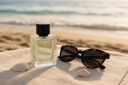Frasco de perfume fresco sobre toalha clara na praia com óculos de sol e mar desfocado ao fundo