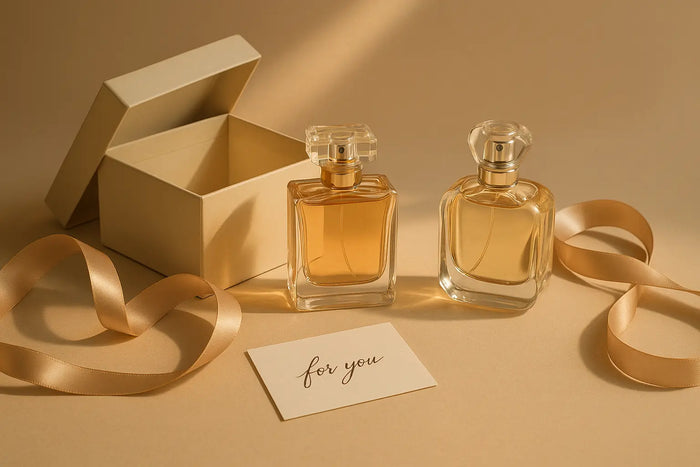 Frascos de perfume ao lado de caixa de presente aberta com fita de cetim e cartão escrito à mão