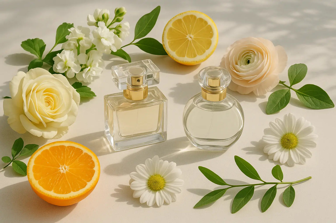 Frascos de perfume em bancada clara com flores, folhas verdes e frutas cítricas representando fragrâncias leves para primavera