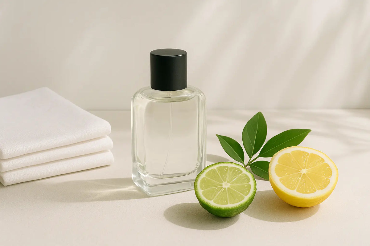 Frasco de perfume translúcido com lenços brancos, folhas verdes e cítricos cortados, representando fragrâncias leves para pessoas sensíveis a cheiros.
