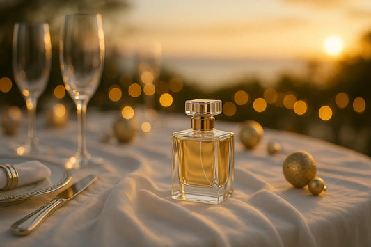 Frasco de perfume sobre tecido branco em mesa elegante de Réveillon com luzes festivas ao fundo