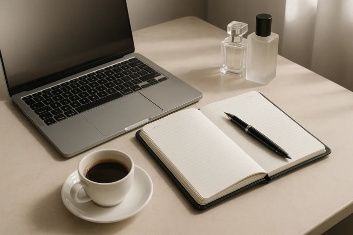 Mesa de trabalho elegante com notebook, agenda, café e perfumes discretos para uso profissional