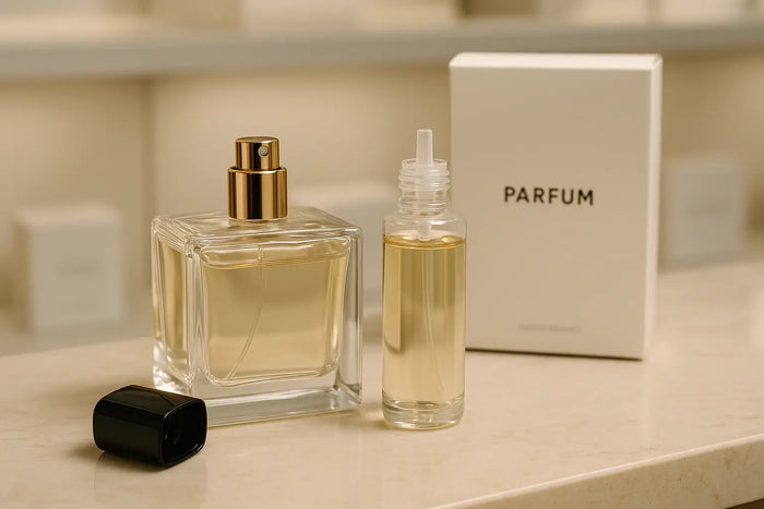 Frasco de perfume recarregável ao lado de um refil sobre bancada elegante