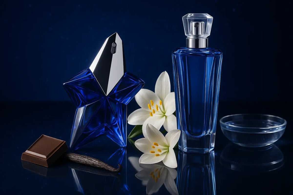 Perfumes Thierry Mugler em composição editorial com referências a Angel, Alien e A*Men