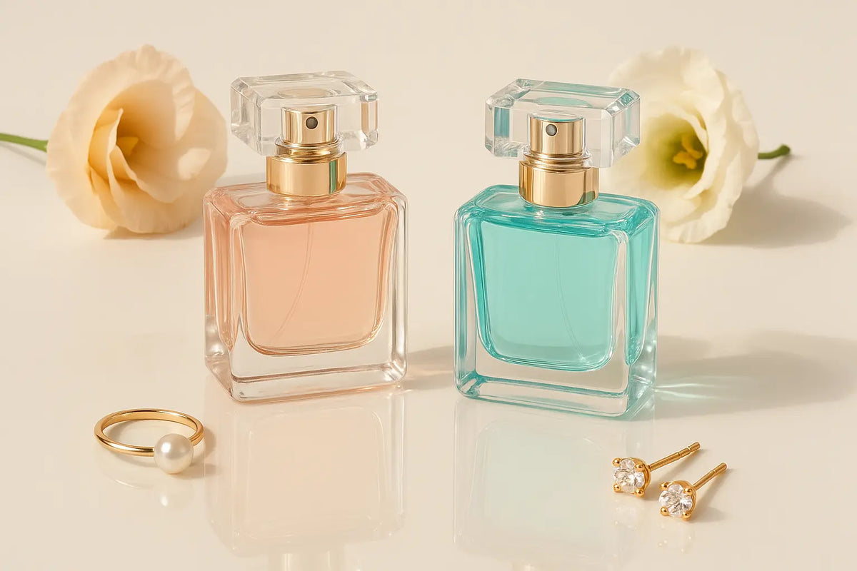 Frascos de perfume Tiffany em composição elegante com tons rosé, azul Tiffany e flores suaves