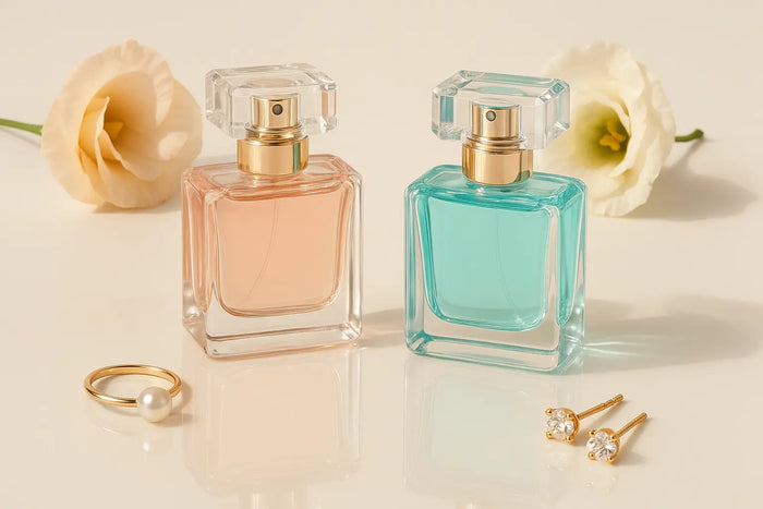 Frascos de perfume Tiffany em composição elegante com tons rosé, azul Tiffany e flores suaves