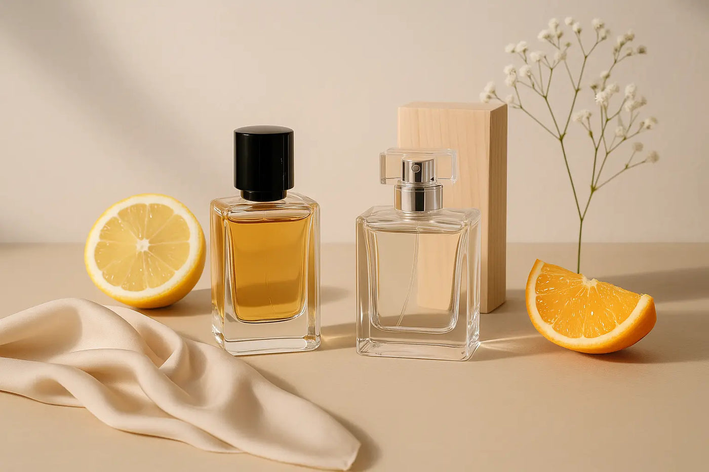 Dois frascos de perfume unissex em bancada minimalista com cítricos, madeira clara e flores discretas