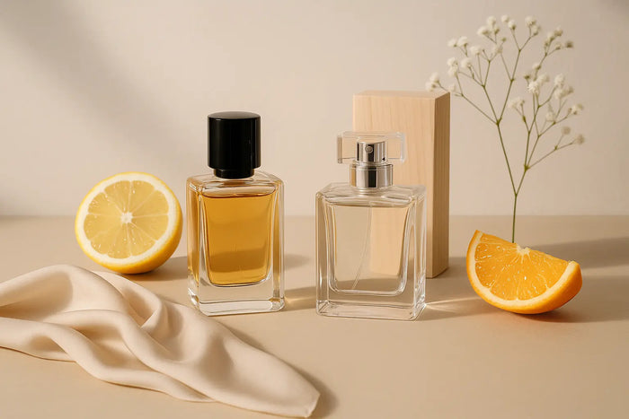 Dois frascos de perfume unissex em bancada minimalista com cítricos, madeira clara e flores discretas