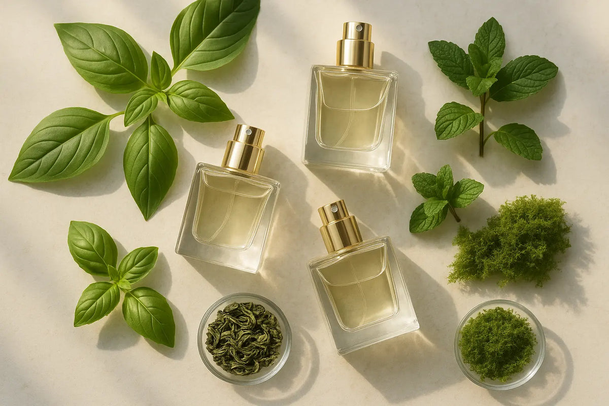 Frascos de perfume com folhas verdes, chá, ervas frescas e musgo em luz natural, representando perfume verde