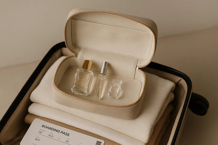 Nécessaire aberta sobre mala com perfume pequeno, decant, miniatura e cartão de embarque para viagem de avião