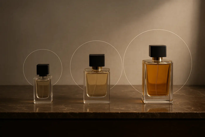 Três frascos de perfume com círculos translúcidos representando diferentes níveis de projeção olfativa