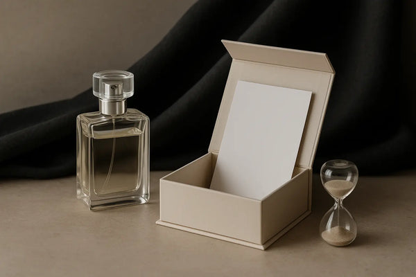 Frasco de perfume sobre bancada com caixa, lote fictício e ampulheta representando validade e conservação da fragrância