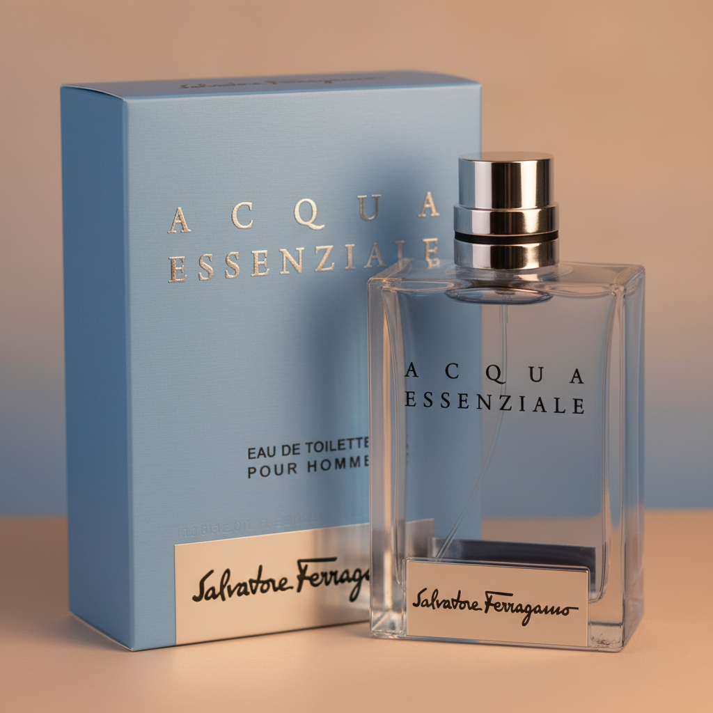 Detalhe do frasco do perfume Acqua Essenziale Eau de Toilette Masculino - Salvatore Ferragamo com foco no vidro e no líquido