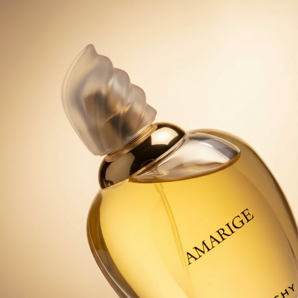 Detalhe do frasco do perfume Amarige Eau de Toilette Feminino - Givenchy com foco no vidro e no líquido