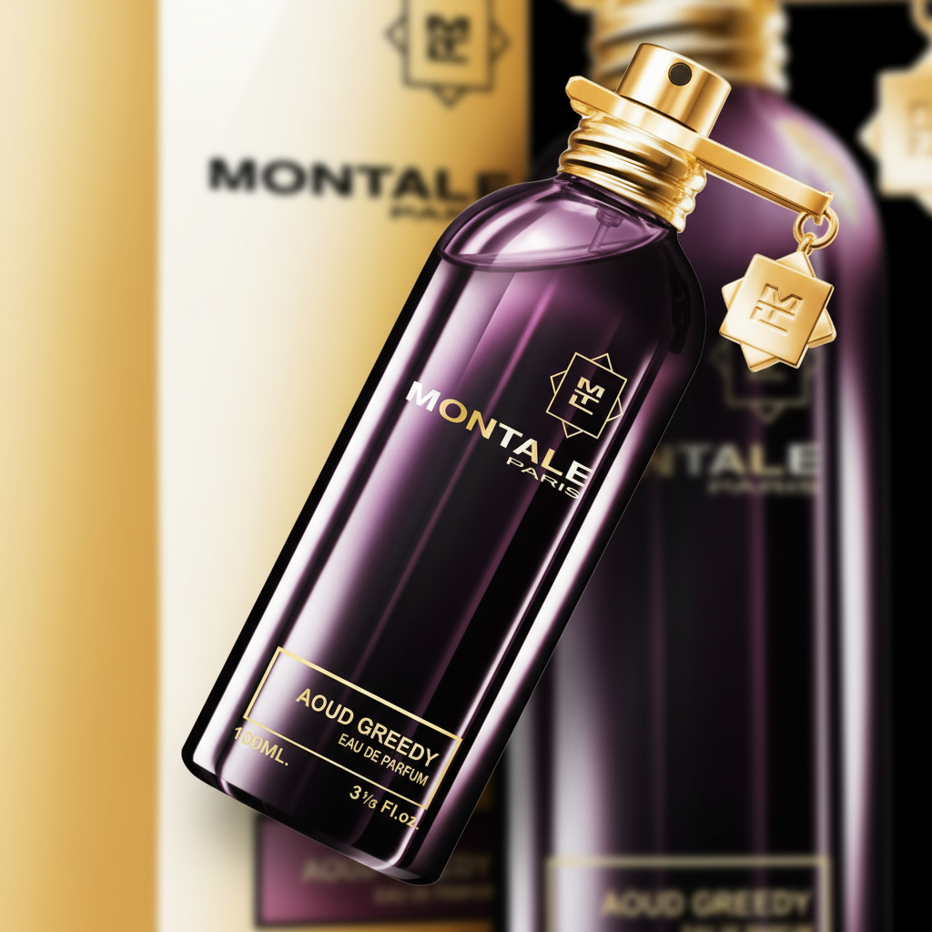 Detalhe do frasco do perfume Aoud Greedy Eau de Parfum Unissex - Montale com foco no vidro e no líquido