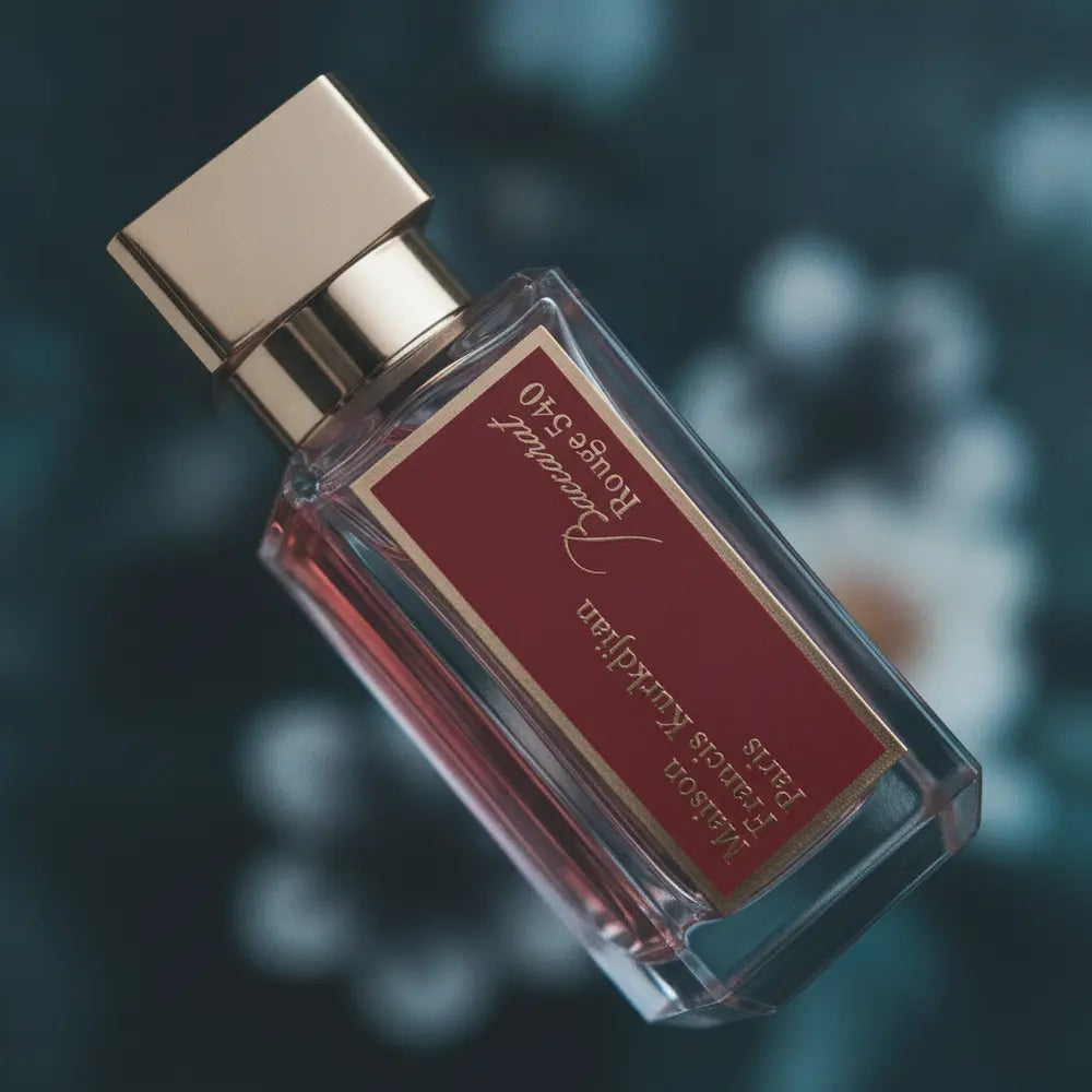 Detalhe do frasco do perfume Baccarat Rouge 540 Eau de Parfum Unissex - Maison Francis Kurkdjian com foco no vidro e no líquido