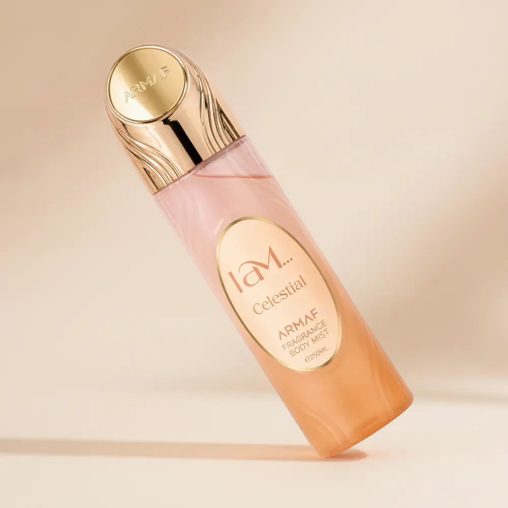Detalhe do frasco do perfume Body Mist I Am Celestial Unissex - Armaf com foco no vidro e no líquido