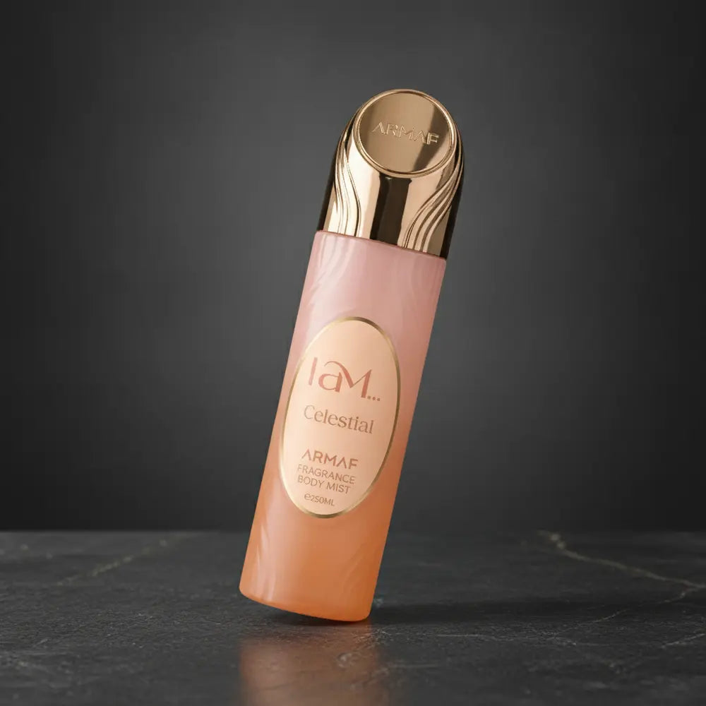 Perfume Body Mist I Am Celestial Unissex - Armaf em composição de luxo com iluminação sofisticada