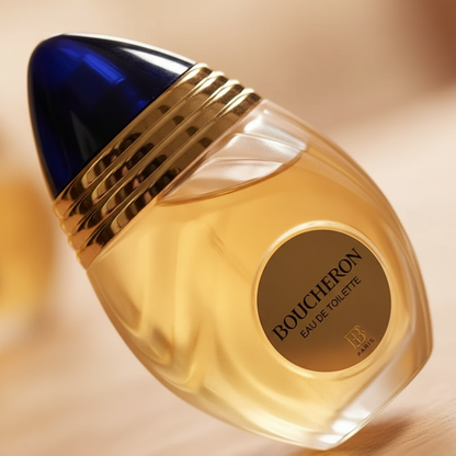 Detalhe do frasco do perfume Boucheron Eau de Toilette Feminino - Boucheron com foco no vidro e no líquido
