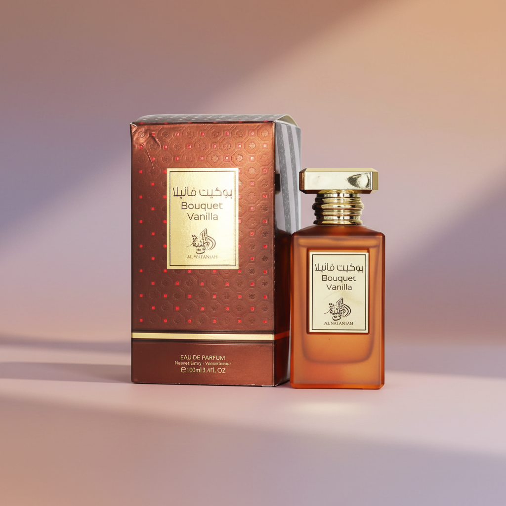 Perfume Bouquet Vanilla Eau de Parfum Unissex - Al Wataniah em composição atmosférica com iluminação sofisticada