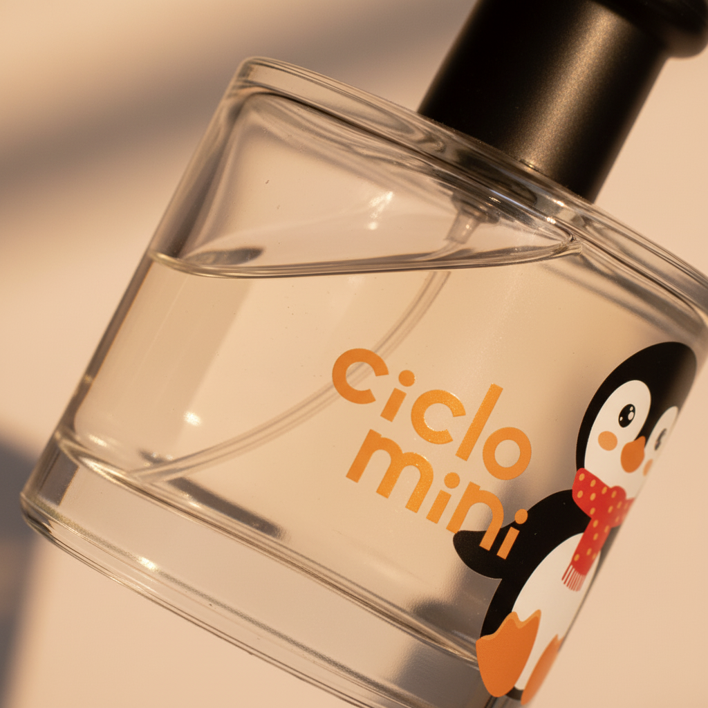 Detalhe do frasco do perfume Ciclo Mini Água de Colônia Pingucho Infantil Unissex - Ciclo Cosméticos com foco no vidro e no líquido