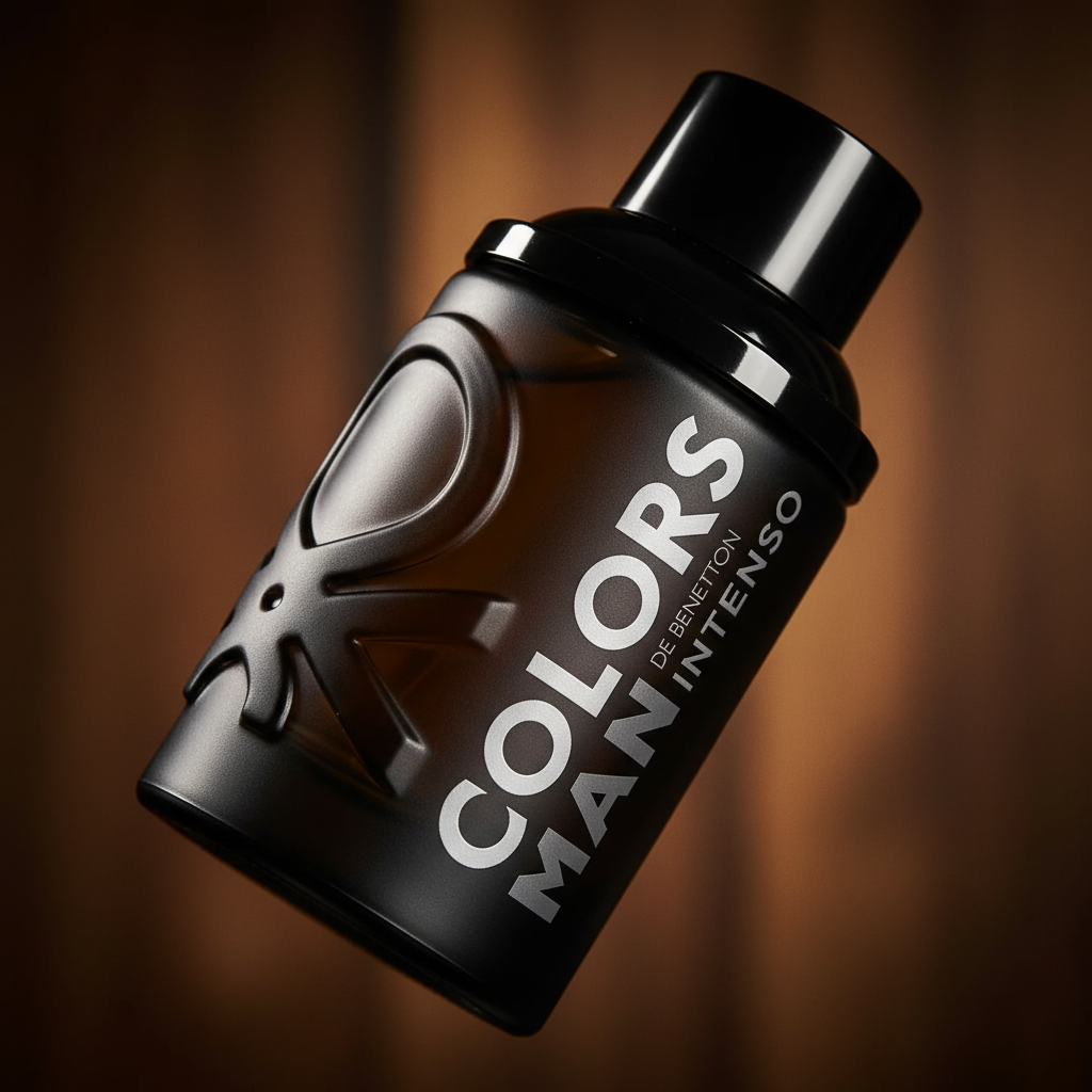 Detalhe do frasco do perfume Colors Man Black Intenso Eau de Parfum Masculino - Benetton com foco no vidro e no líquido