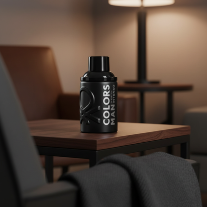 Perfume Colors Man Black Intenso Eau de Parfum Masculino - Benetton em ambiente elegante de lifestyle