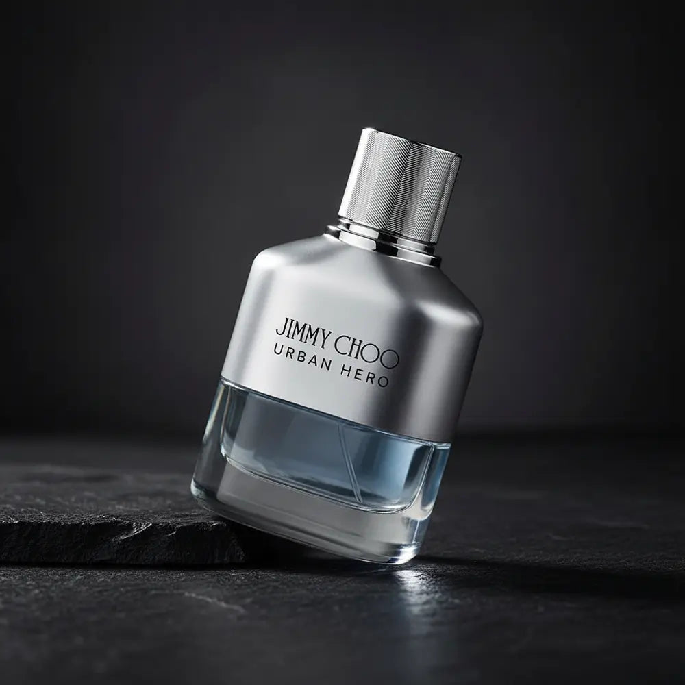 Perfume Decant Jimmy Choo Urban Hero Eau de Parfum Masculino em composição de luxo com iluminação sofisticada