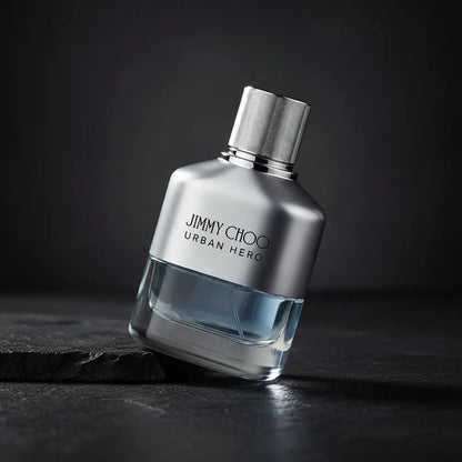Perfume Decant Jimmy Choo Urban Hero Eau de Parfum Masculino em composição de luxo com iluminação sofisticada