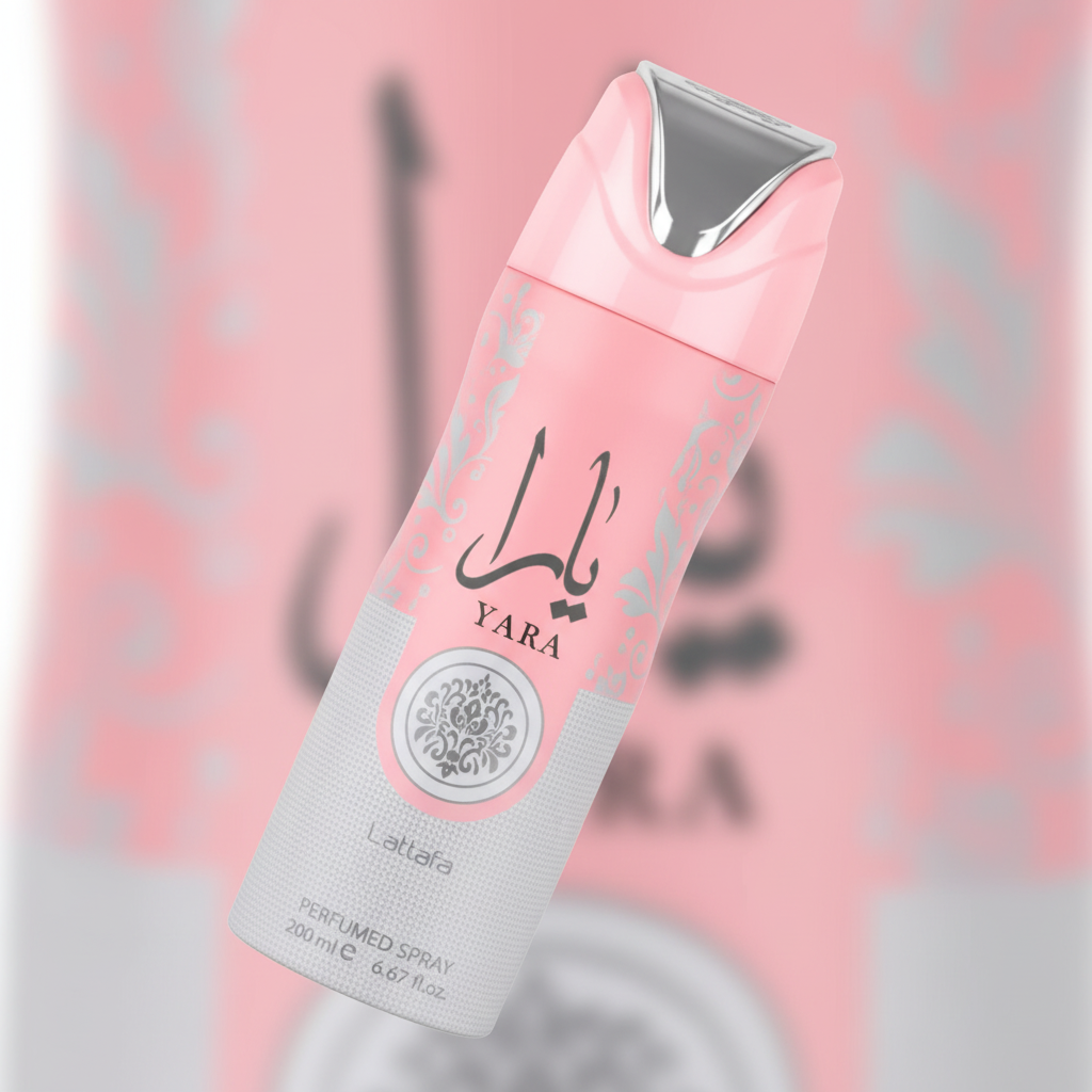 Detalhe do frasco do perfume Desodorante Yara Feminino - Lattafa com foco no vidro e no líquido