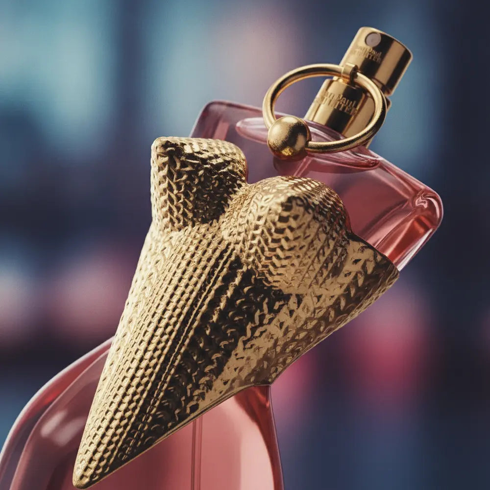 Detalhe do frasco do perfume Divine Couture Eau de Parfum Feminino - Jean Paul Gaultier com foco no vidro e no líquido