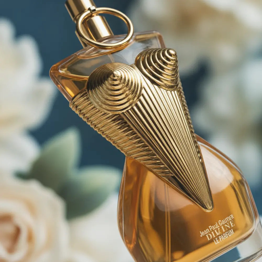 Detalhe do frasco do perfume Divine Le Parfum Eau de Parfum Feminino - Jean Paul Gaultier com foco no vidro e no líquido