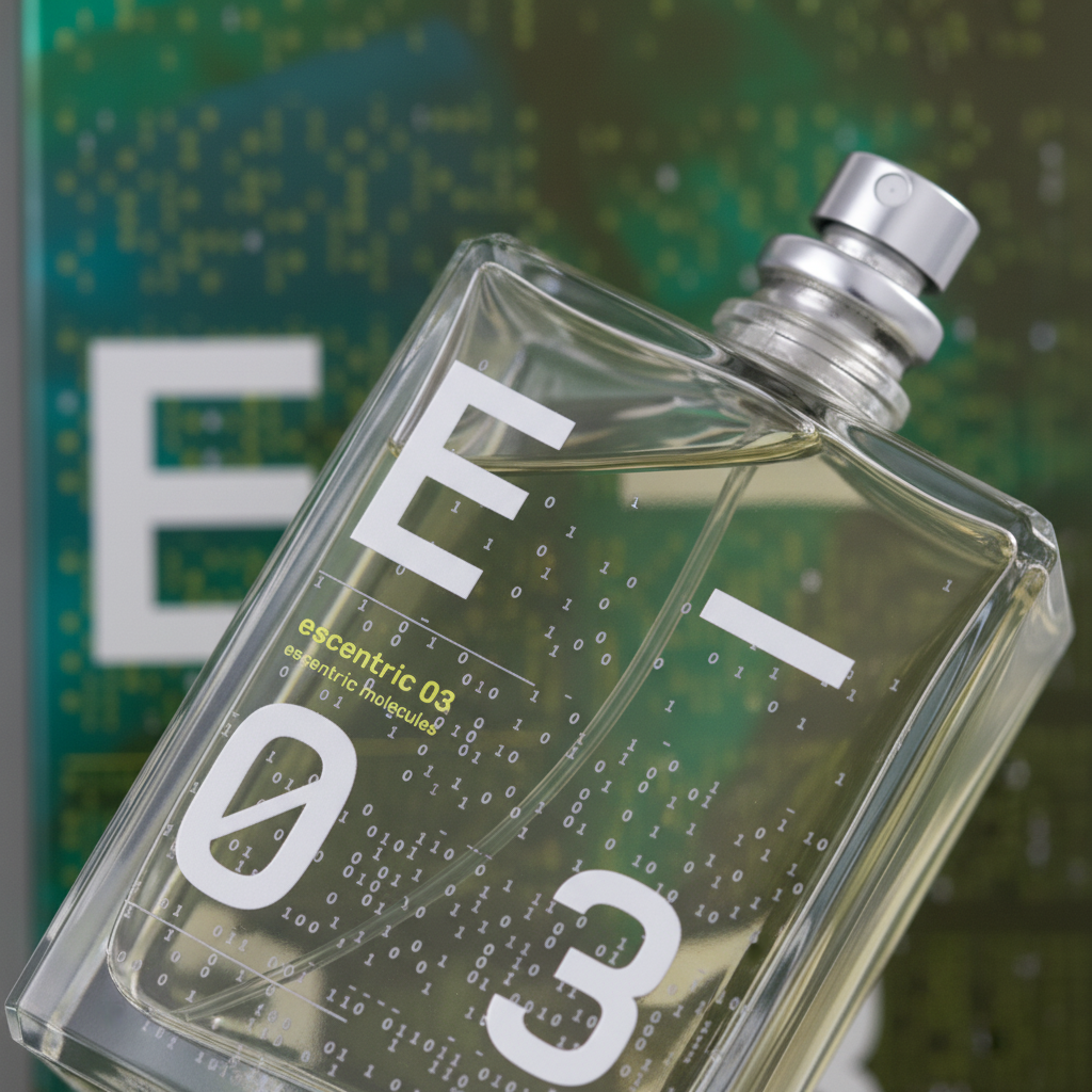 Detalhe do frasco do perfume Escentric 03 Eau de Toilette Unissex - Escentric Molecules com foco no vidro e no líquido