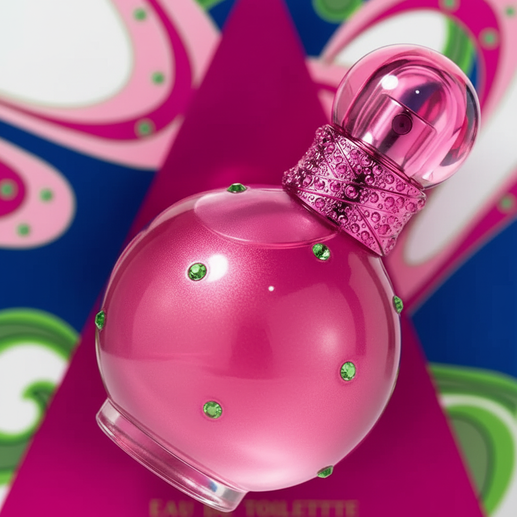 Detalhe do frasco do perfume Fantasy Eau de Toilette Feminino - Britney Spears com foco no vidro e no líquido