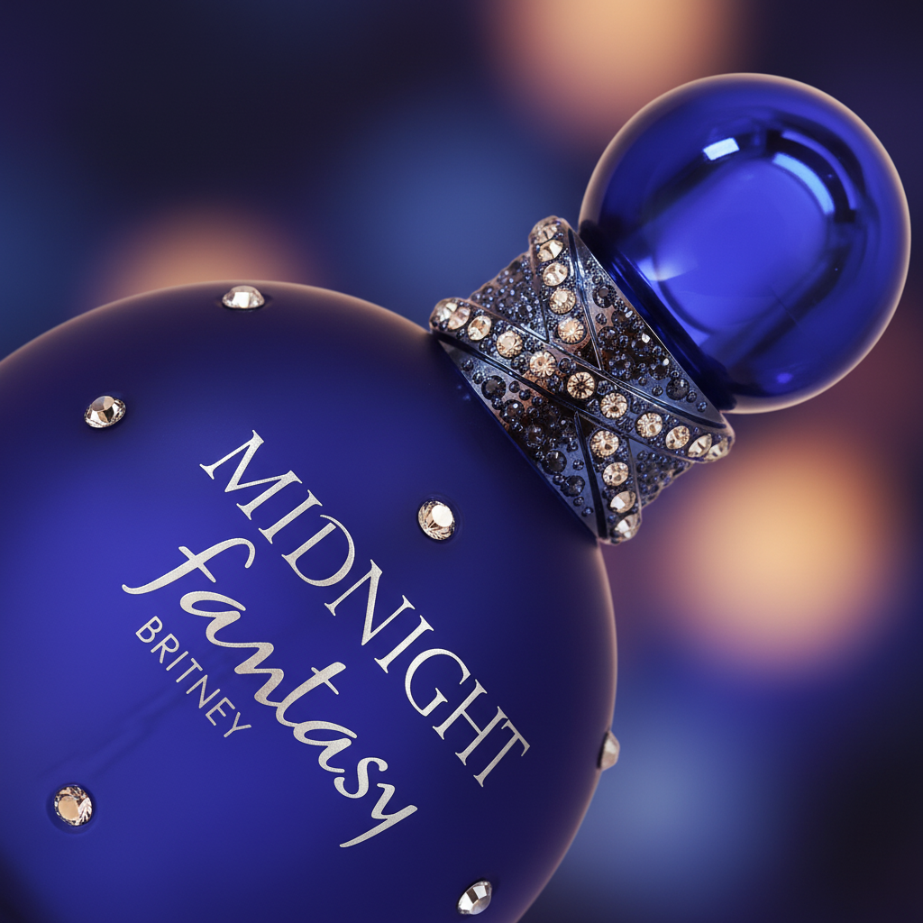 Detalhe do frasco do perfume Fantasy Midnight Eau de Parfum Feminino - Britney Spears com foco no vidro e no líquido