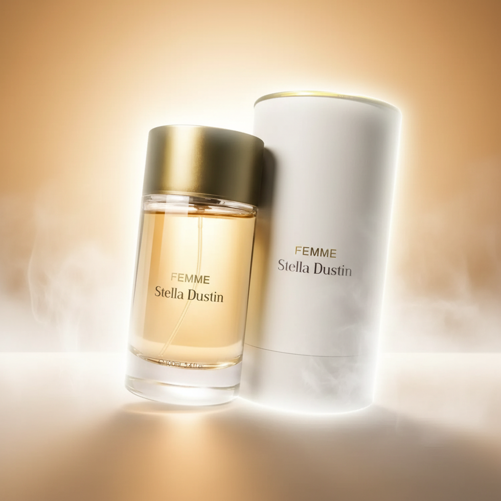 Perfume Femme Eau de Parfum Feminino - Stella Dustin em composição atmosférica com iluminação sofisticada
