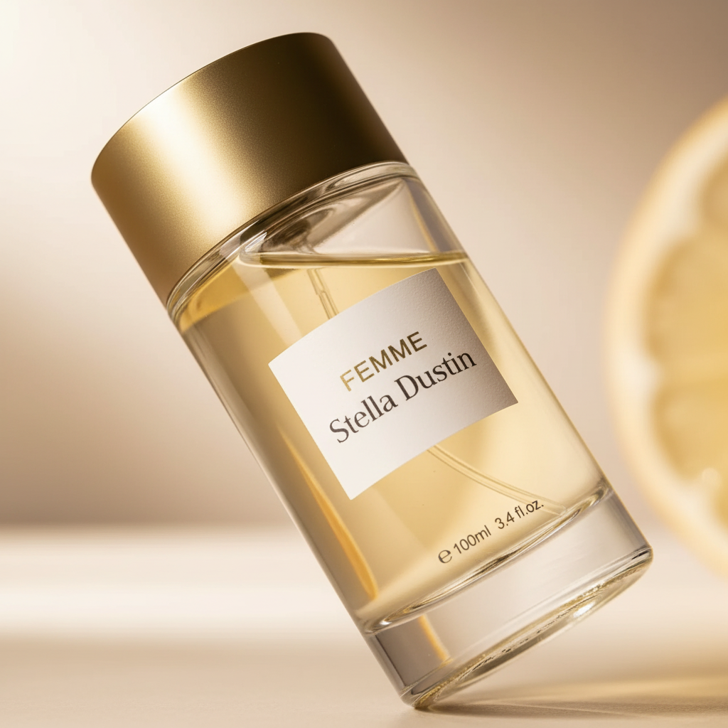 Detalhe do frasco do perfume Femme Eau de Parfum Feminino - Stella Dustin com foco no vidro e no líquido