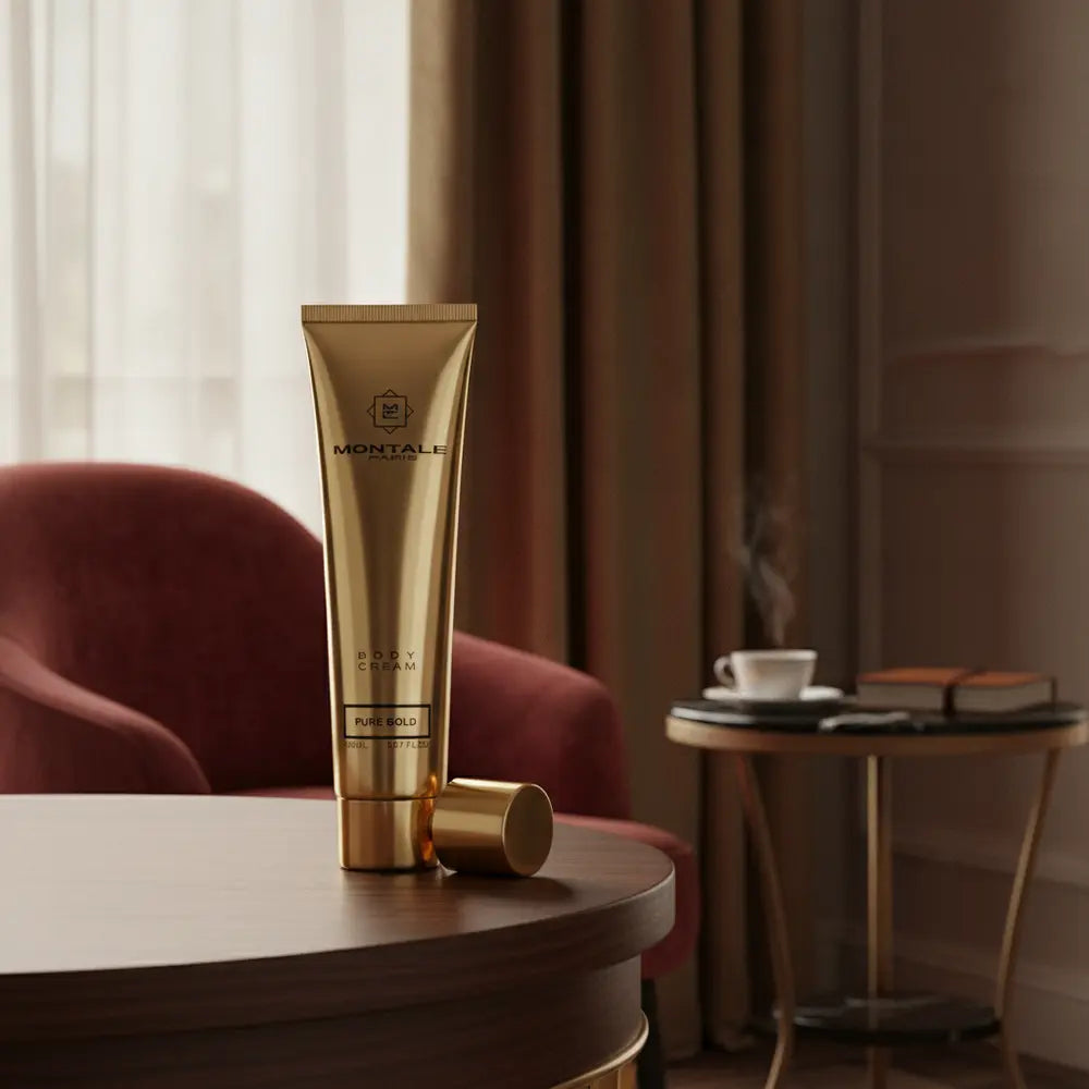 Perfume Hidratante Corporal Pure Gold Oriental Floral Feminino - Montale em ambiente elegante de lifestyle