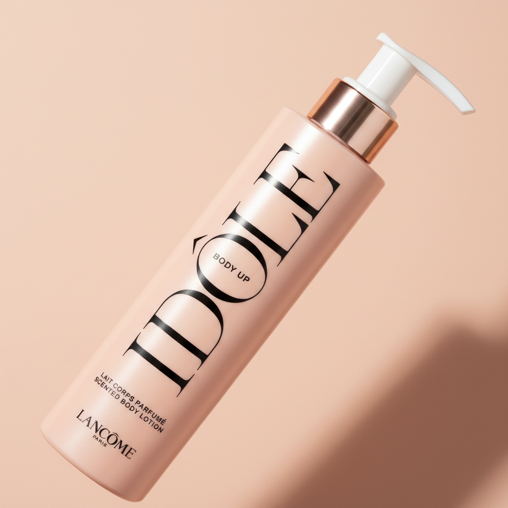Detalhe do frasco do perfume Idôle Body Up Loção Corporal Perfumada Feminino - Lancôme com foco no vidro e no líquido