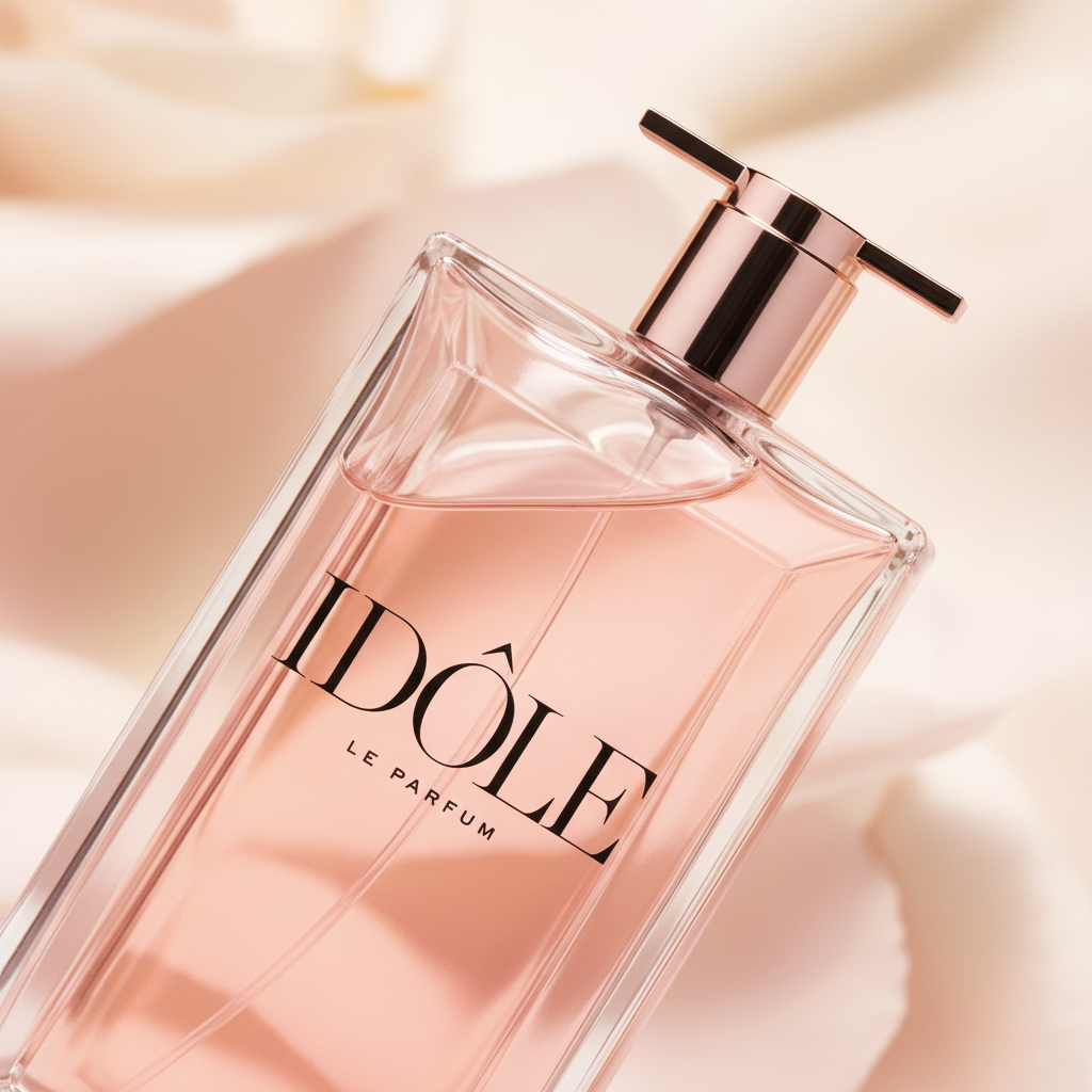 Detalhe do frasco do perfume Idôle Le Parfum Eau de Parfum Feminino - Lancôme com foco no vidro e no líquido