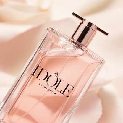 Detalhe do frasco do perfume Idôle Le Parfum Eau de Parfum Feminino - Lancôme com foco no vidro e no líquido