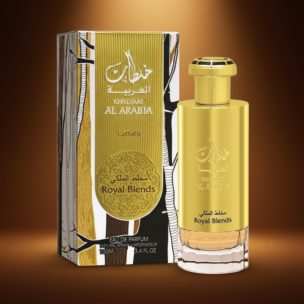 Perfume Khaltaat Al Arabia Royal Blends Eau de Parfum Unissex - Lattafa em composição atmosférica com iluminação sofisticada