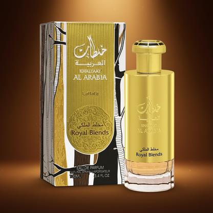 Perfume Khaltaat Al Arabia Royal Blends Eau de Parfum Unissex - Lattafa em composição atmosférica com iluminação sofisticada