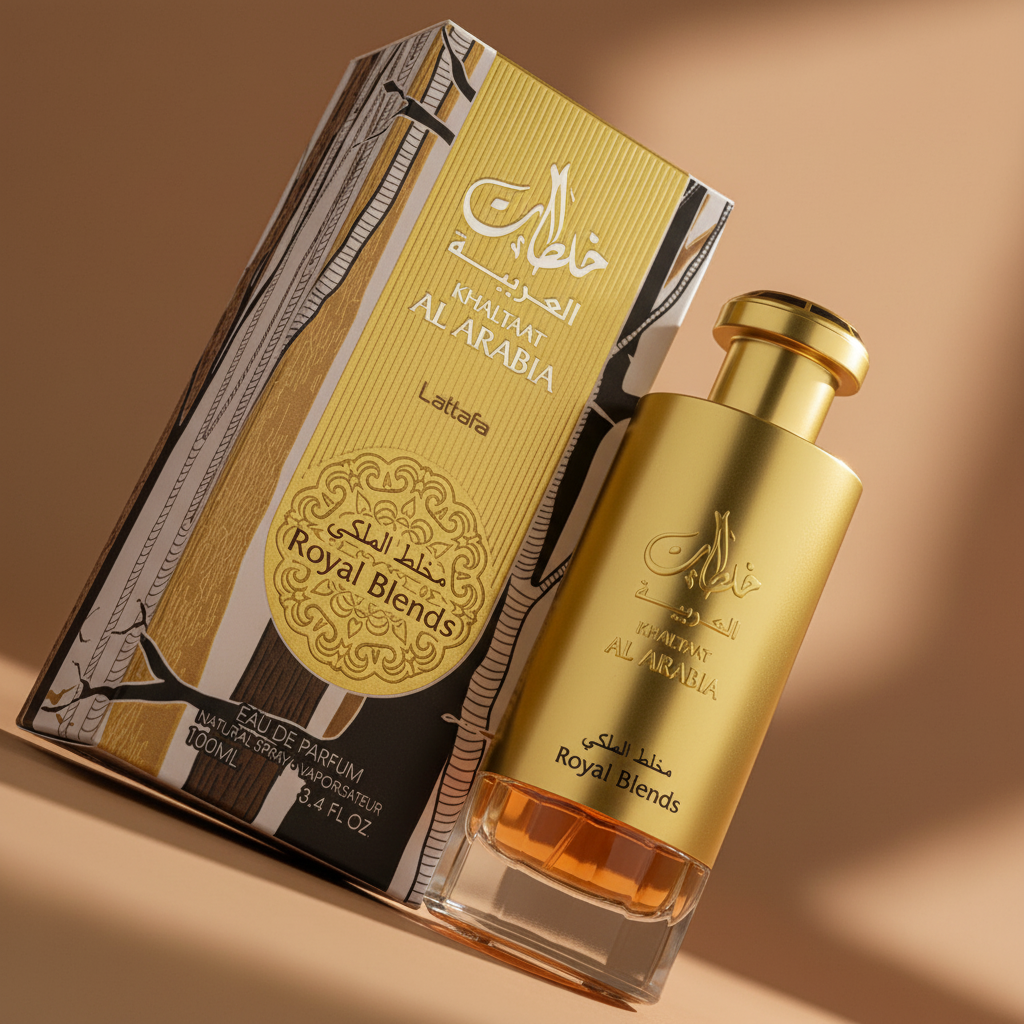 Detalhe do frasco do perfume Khaltaat Al Arabia Royal Blends Eau de Parfum Unissex - Lattafa com foco no vidro e no líquido