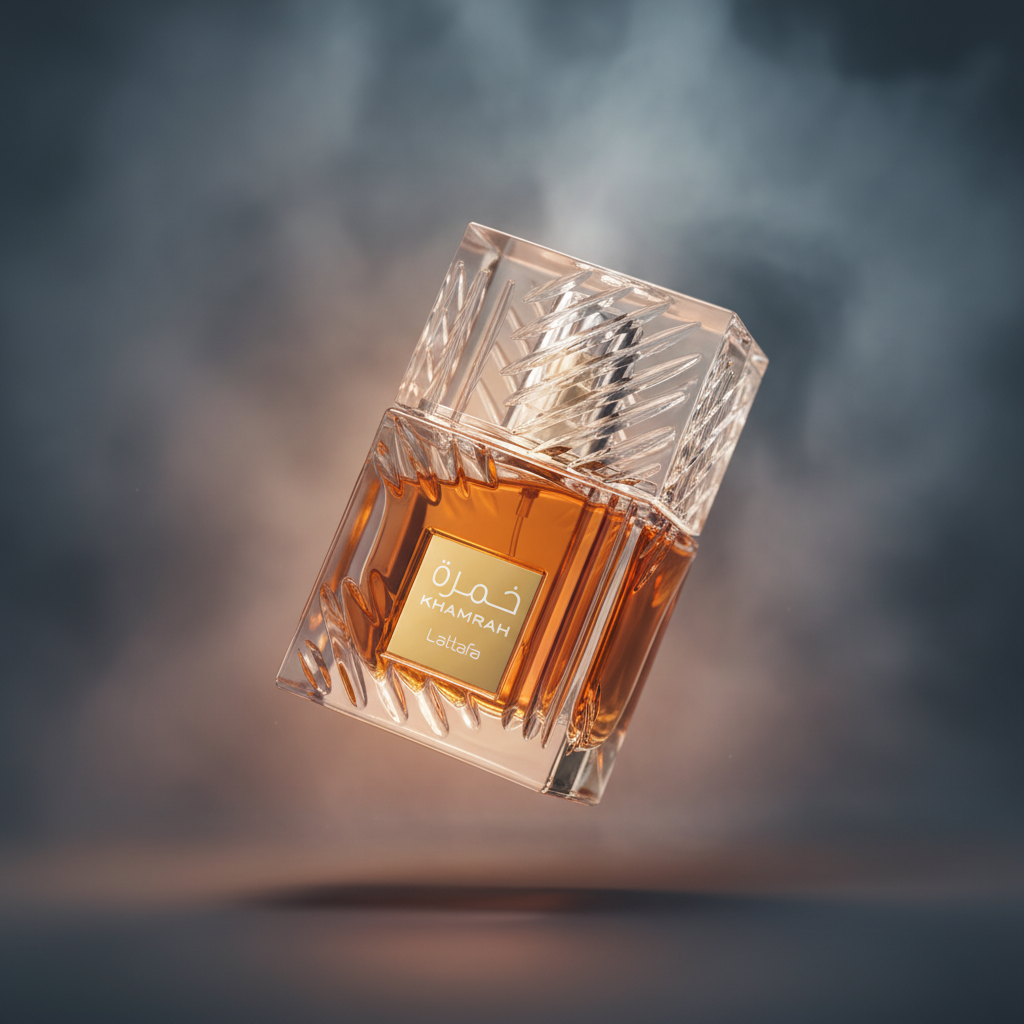 Perfume Khamrah Eau de Parfum Unissex - Lattafa em composição atmosférica com iluminação sofisticada