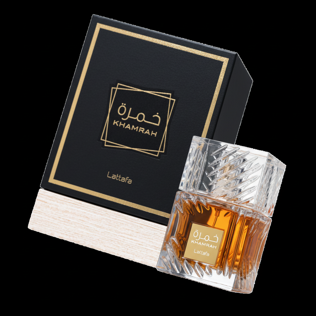 Detalhe do frasco do perfume Khamrah Eau de Parfum Unissex - Lattafa com foco no vidro e no líquido